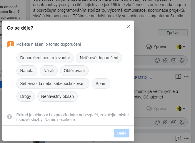 Nahlášení nevhodného obsahu na Facebooku